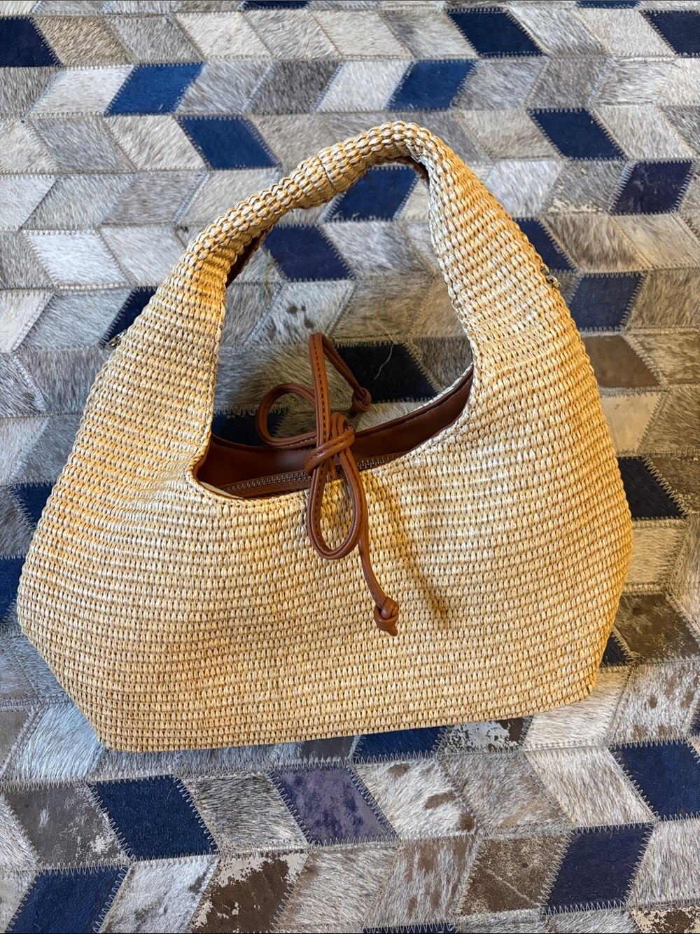 Woven Straw Hobo Bag with Brown Leather Trim